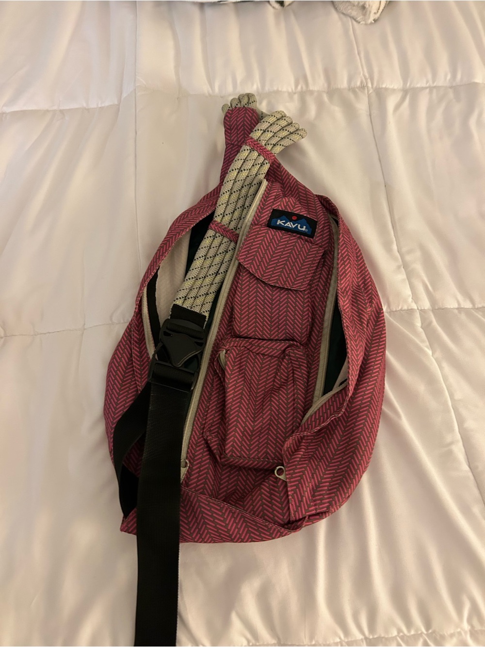 Kavu Sling Belt Bag in Burgundy with Cream Rope Strap
